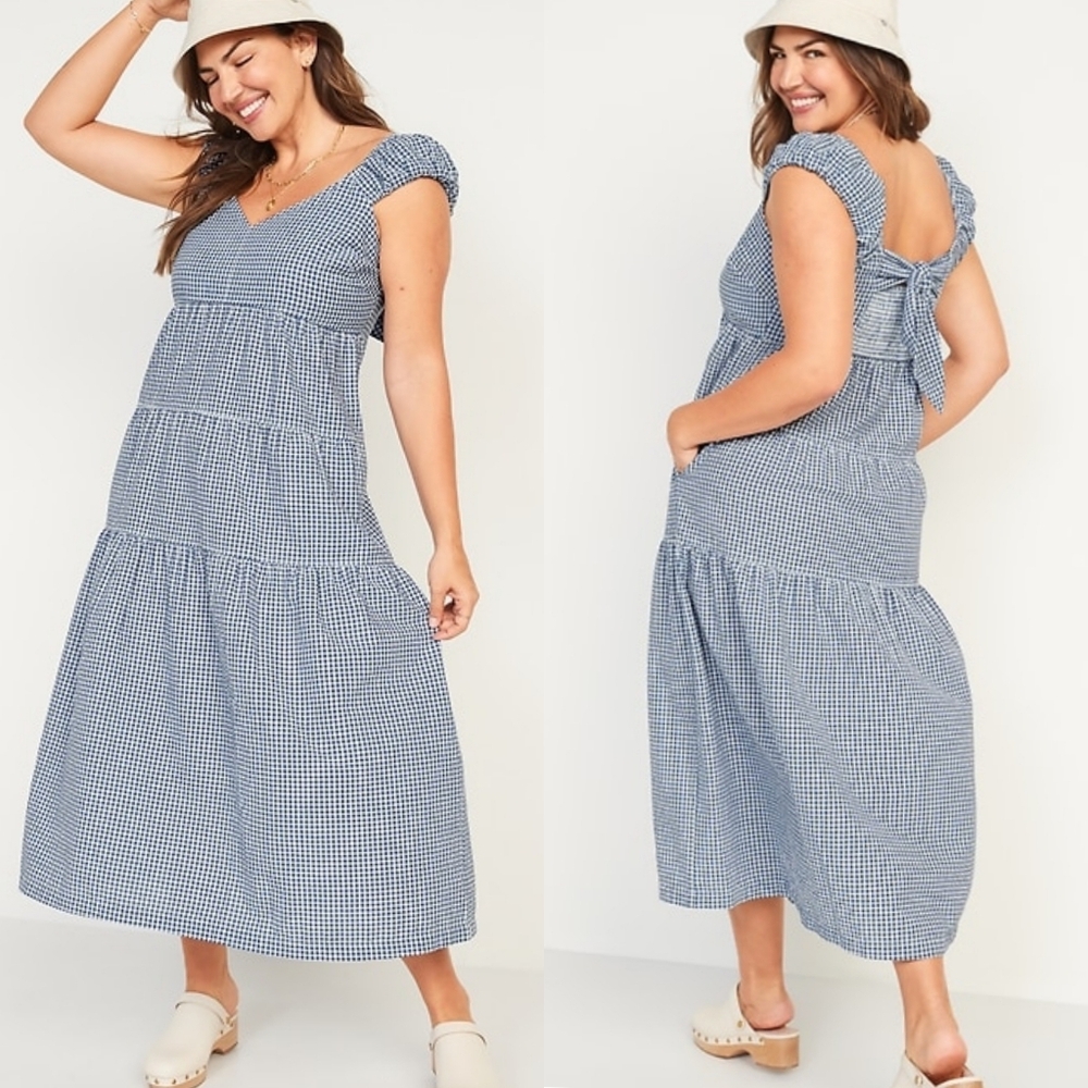 Old Navy Tiered Maxi Dress Womens 3X Blue Gingham Seersucker Sleeveless Summer